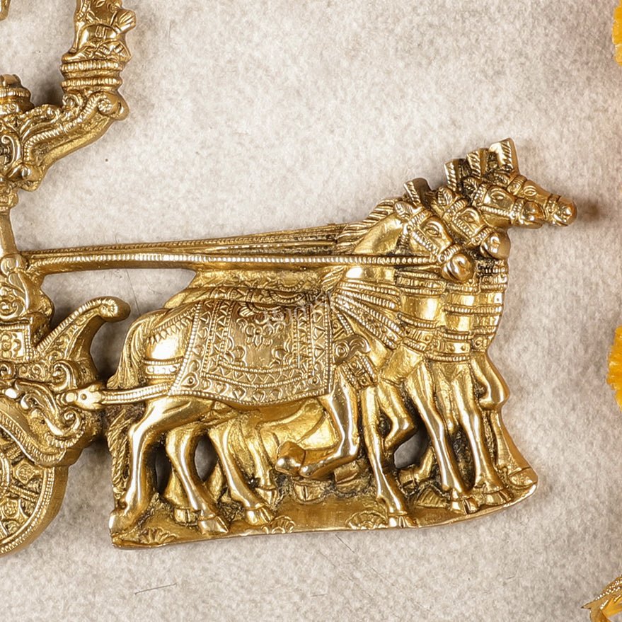 Divine Pure Brass Gita Updesh Arjuna Rath with Lord Krishna Wall Hanging Mural 13"