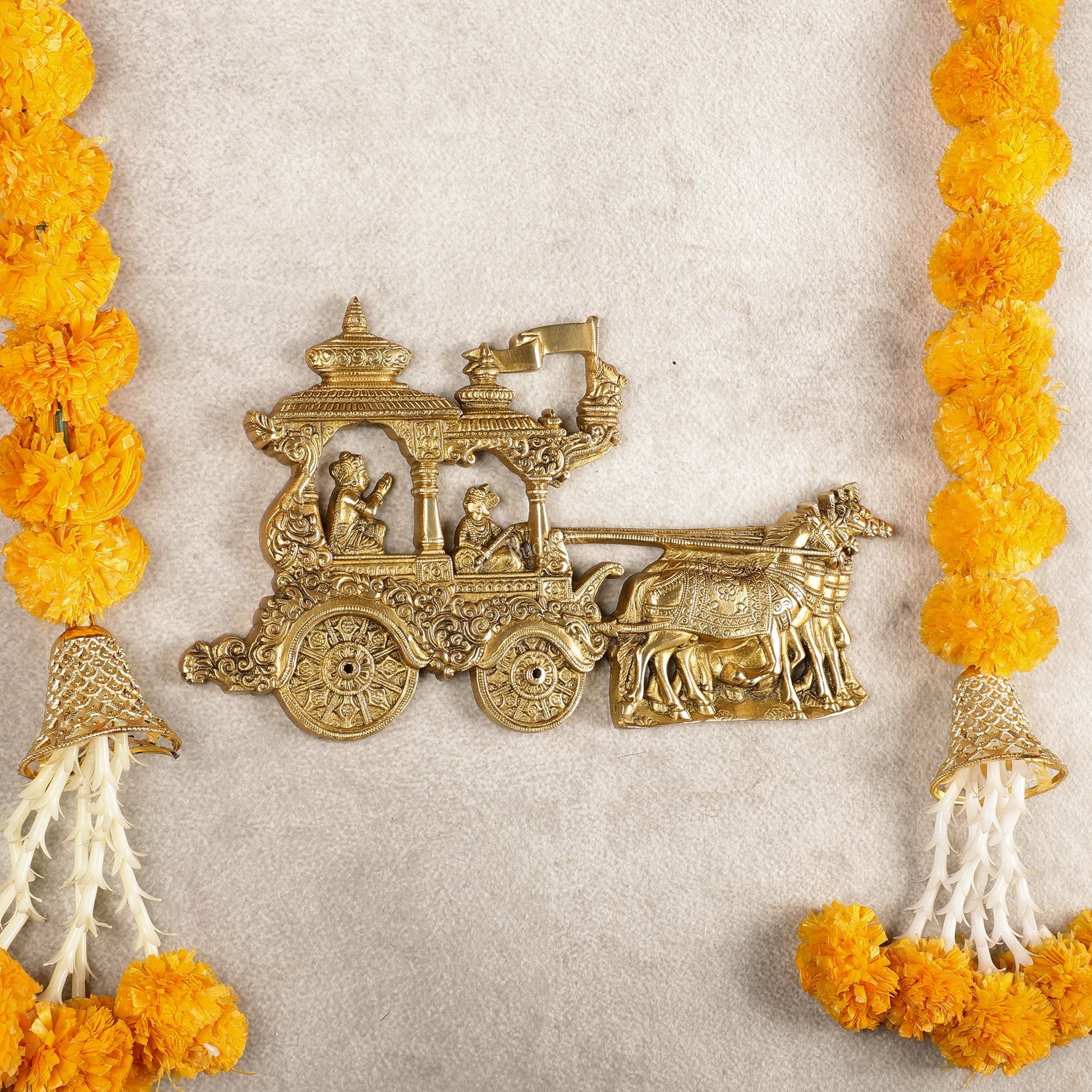 Divine Pure Brass Gita Updesh Arjuna Rath with Lord Krishna Wall Hanging Mural 13"
