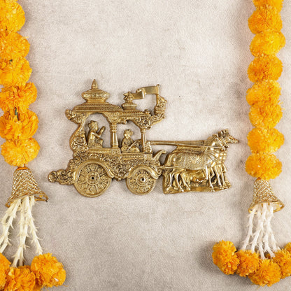 Divine Pure Brass Gita Updesh Arjuna Rath with Lord Krishna Wall Hanging Mural 13"