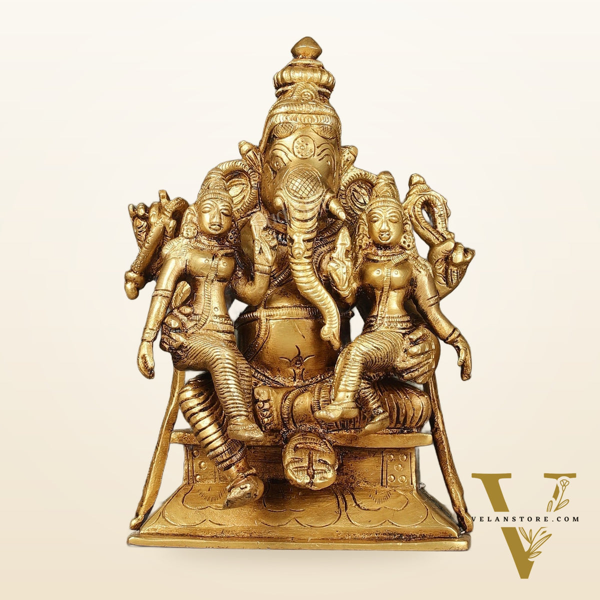 Divine Pure Brass Lord Ganesha Statue with Riddhi and Siddhi | 7"
