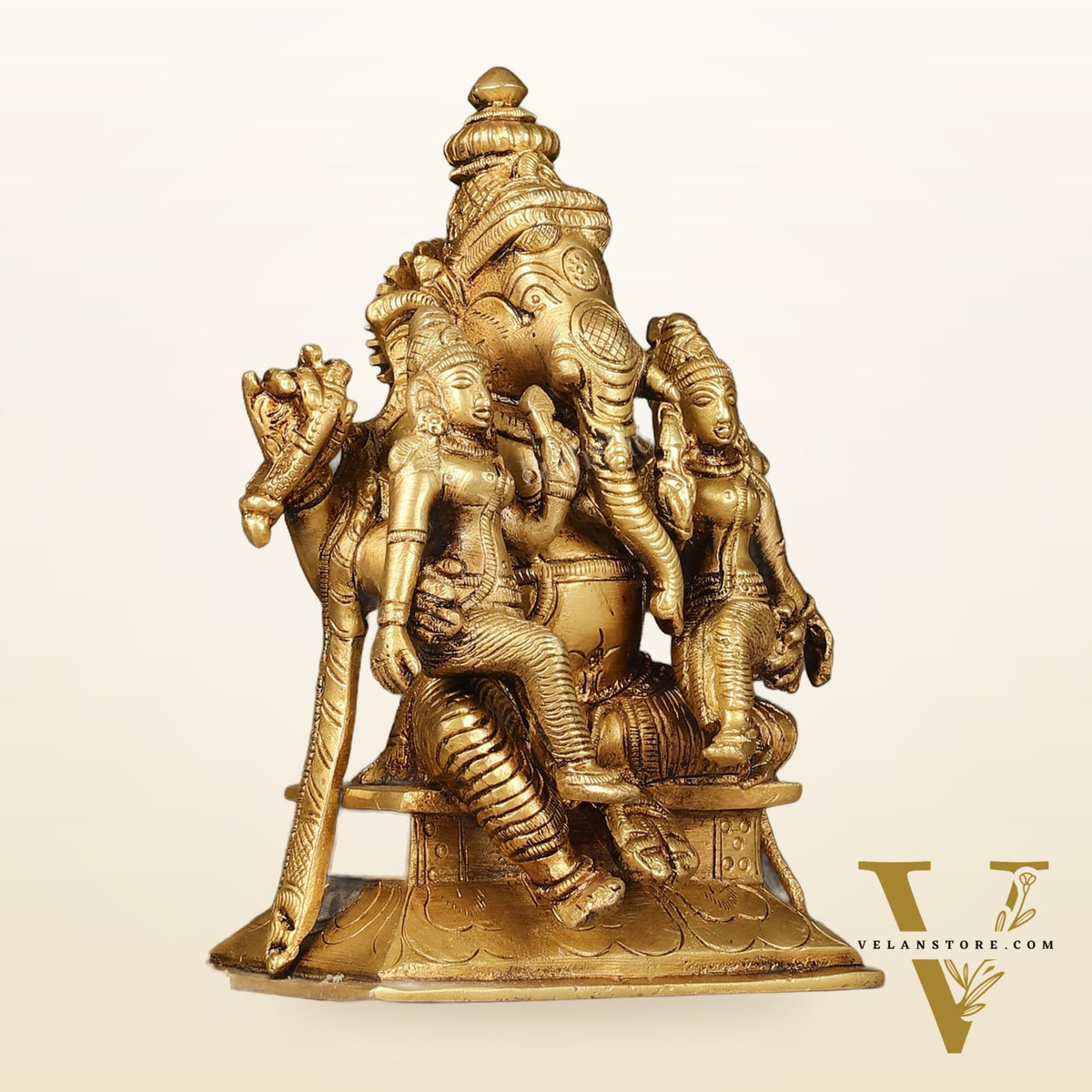 Divine Pure Brass Lord Ganesha Statue with Riddhi and Siddhi | 7"