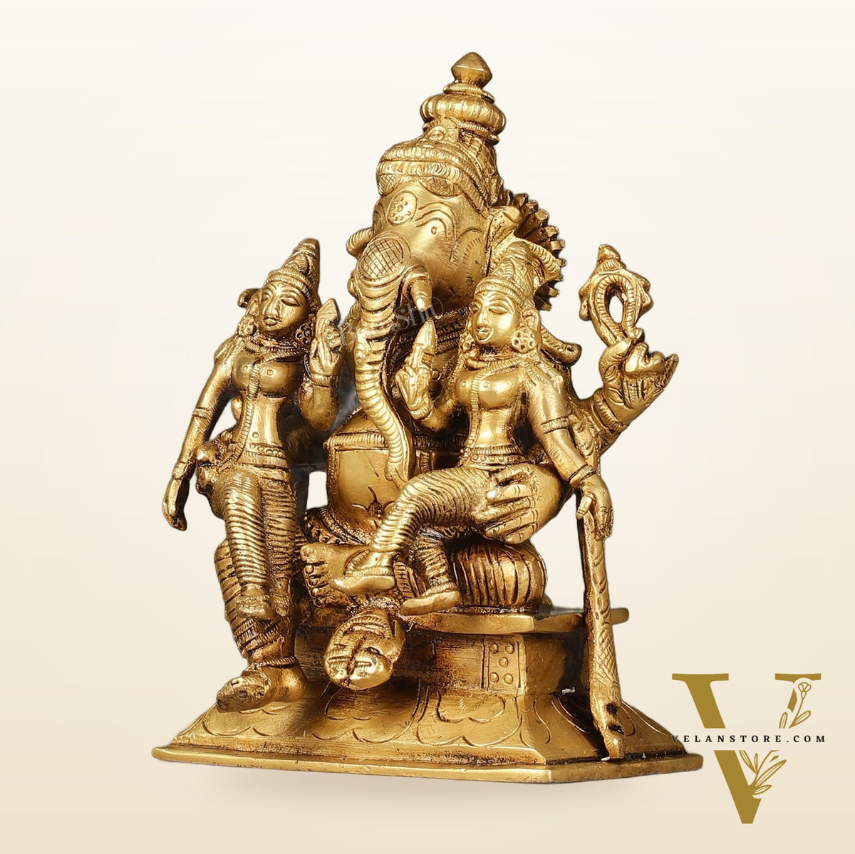 Divine Pure Brass Lord Ganesha Statue with Riddhi and Siddhi | 7"