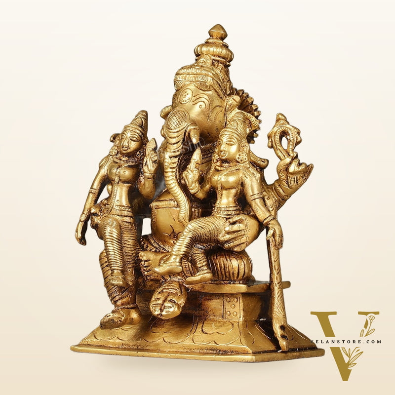 Divine Pure Brass Lord Ganesha Statue with Riddhi and Siddhi | 7"