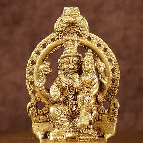 Divine Pure Brass Narasimha Lakshmi with Back Frame Idol | Height: 4.5 inch