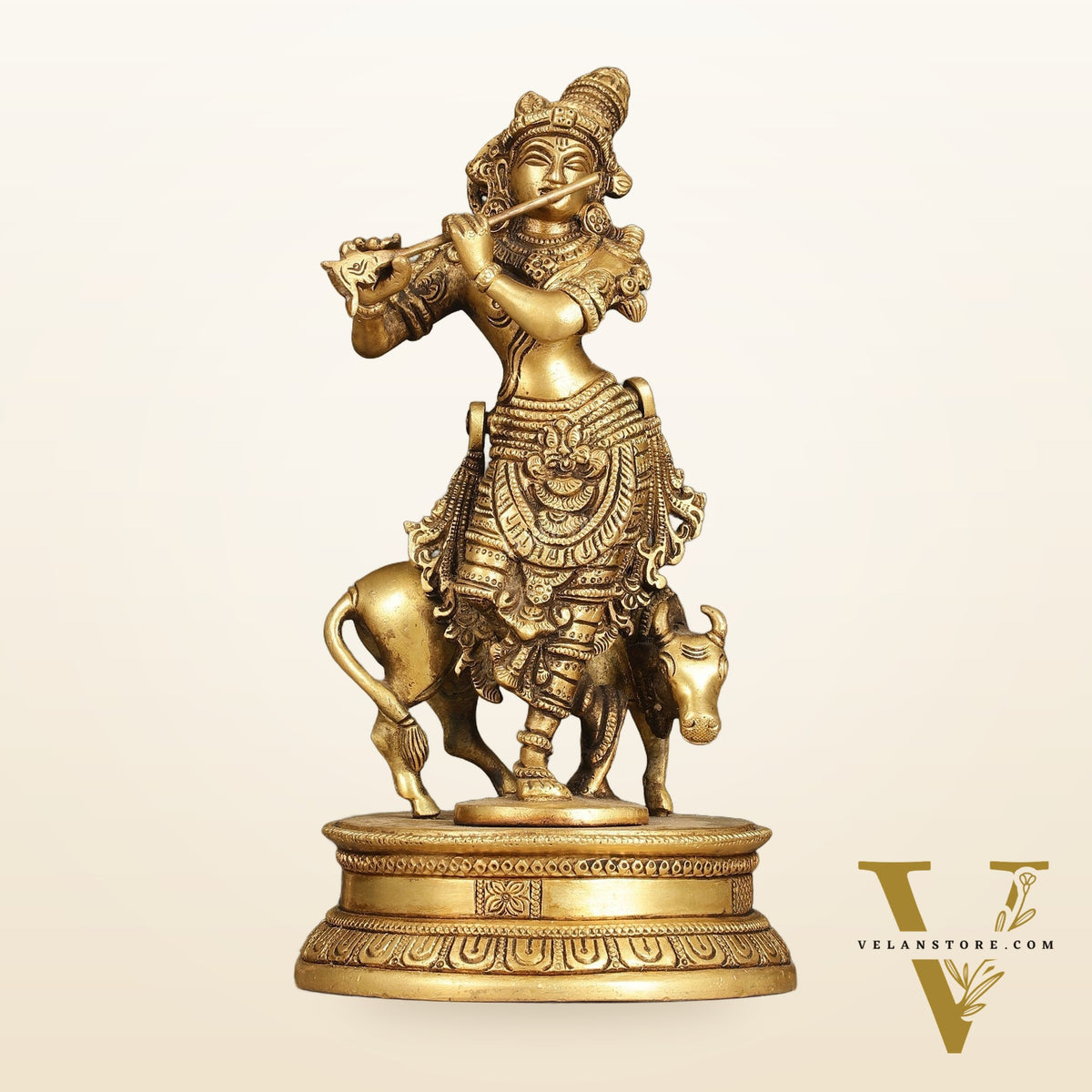 Divine Pure Brass Superfine Lord Krishna with Cow Idol - 10" Height