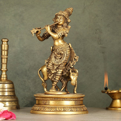 Divine Pure Brass Superfine Lord Krishna with Cow Idol - 10" Height