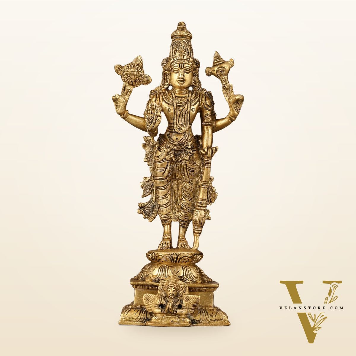 Divine Pure Brass Superfine Lord Vishnu Standing with Garuda Idol 9 inch