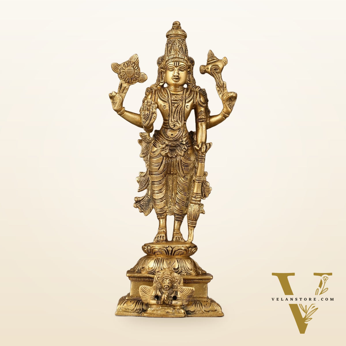 Divine Pure Brass Superfine Lord Vishnu Standing with Garuda Idol 9 inch
