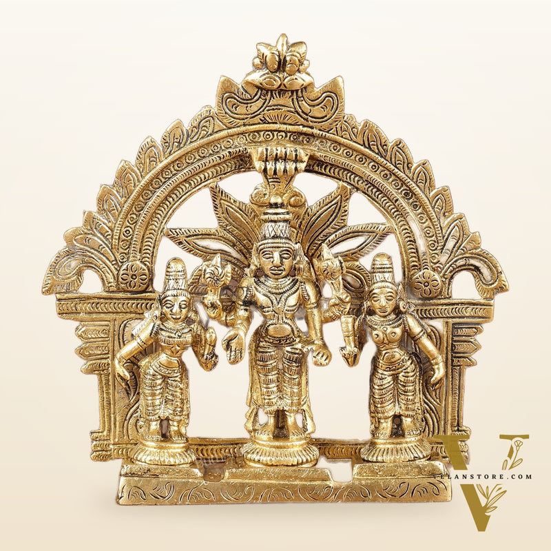 Divine Pure Brass Tirupati Balaji with Bhudevi and Sridevi Set with Thiruvarchi | Height: 5.5 inch