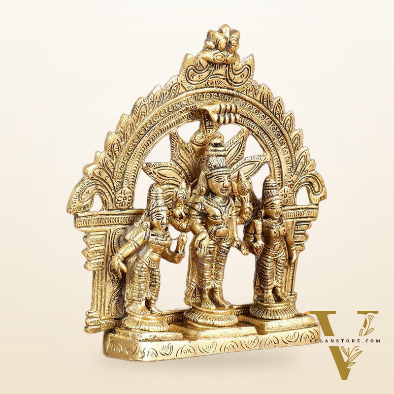 Divine Pure Brass Tirupati Balaji with Bhudevi and Sridevi Set with Thiruvarchi | Height: 5.5 inch