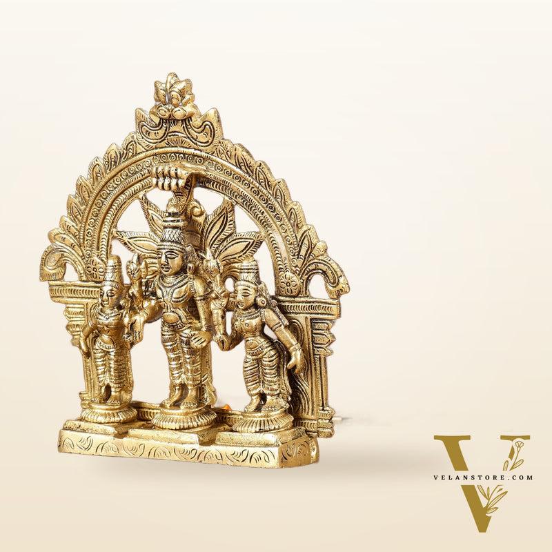 Divine Pure Brass Tirupati Balaji with Bhudevi and Sridevi Set with Thiruvarchi | Height: 5.5 inch