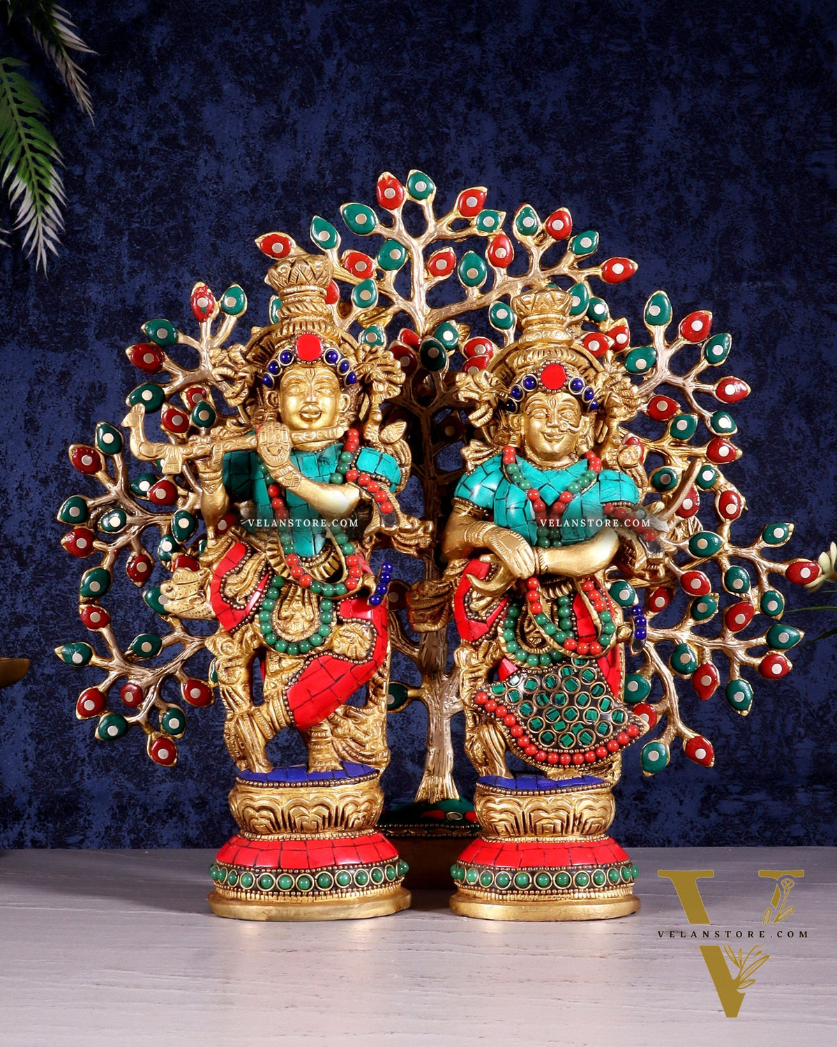 Divine Radha Krishna with Kalpavriksha Tree – Brass Set with Meenakari Stonework 11"