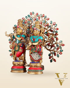 Divine Radha Krishna with Kalpavriksha Tree – Brass Set with Meenakari Stonework 11"