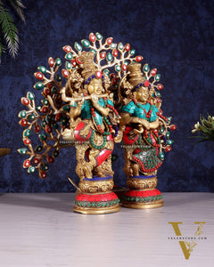 Divine Radha Krishna with Kalpavriksha Tree – Brass Set with Meenakari Stonework 11"