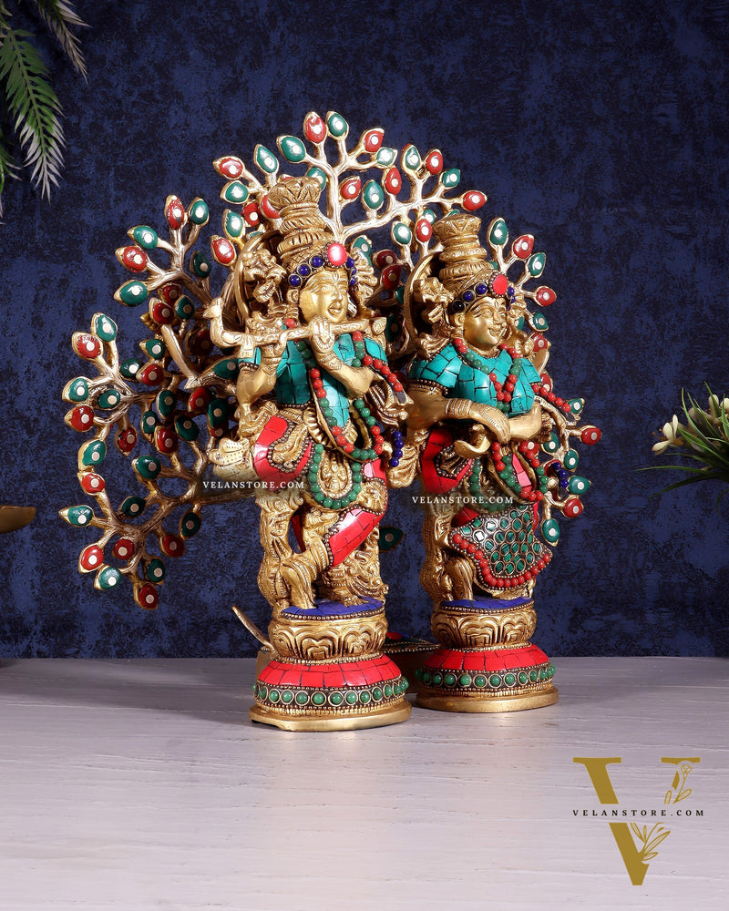 Divine Radha Krishna with Kalpavriksha Tree – Brass Set with Meenakari Stonework 11"