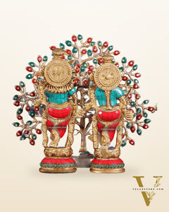 Divine Radha Krishna with Kalpavriksha Tree – Brass Set with Meenakari Stonework 11"