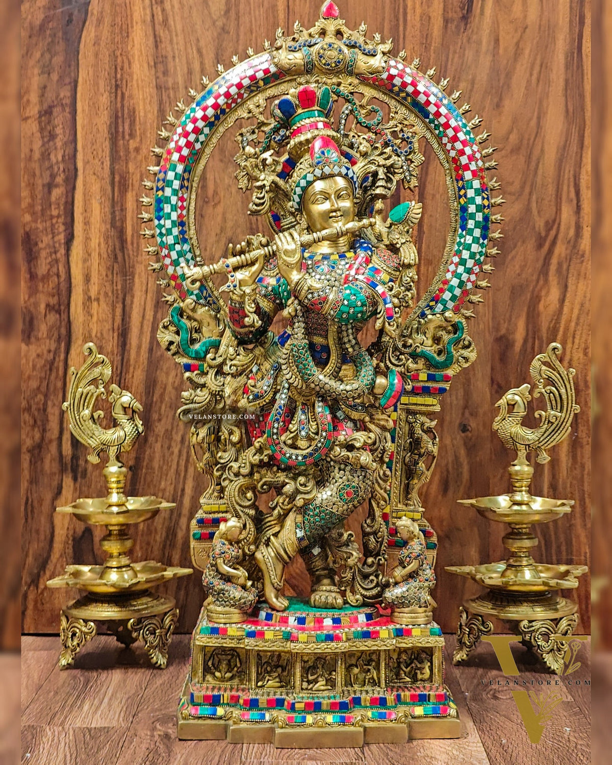 Divine Superfine Brass Krishna Statue 32 inch with stonework