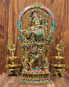 Divine Superfine Brass Krishna Statue 32 inch with stonework
