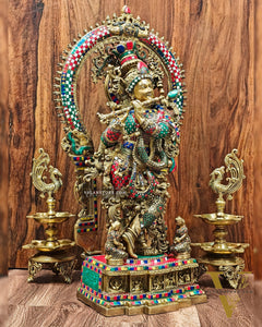 Divine Superfine Brass Krishna Statue 32 inch with stonework
