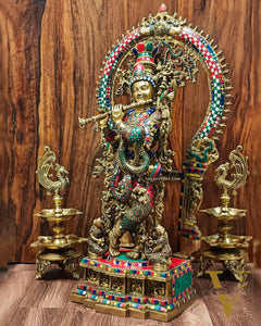 Divine Superfine Brass Krishna Statue 32 inch with stonework
