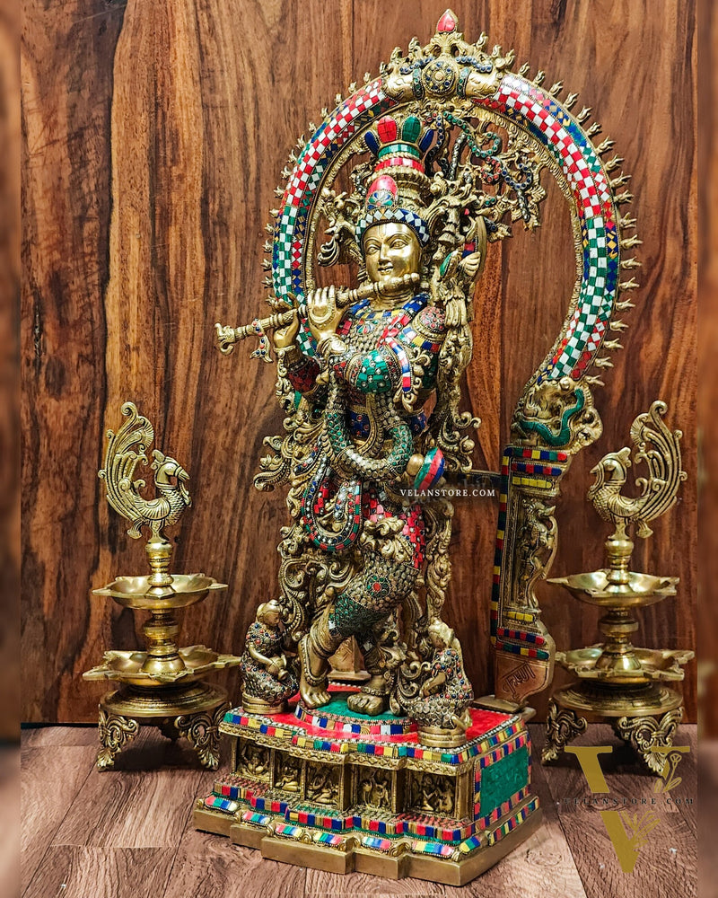Divine Superfine Brass Krishna Statue 32 inch with stonework
