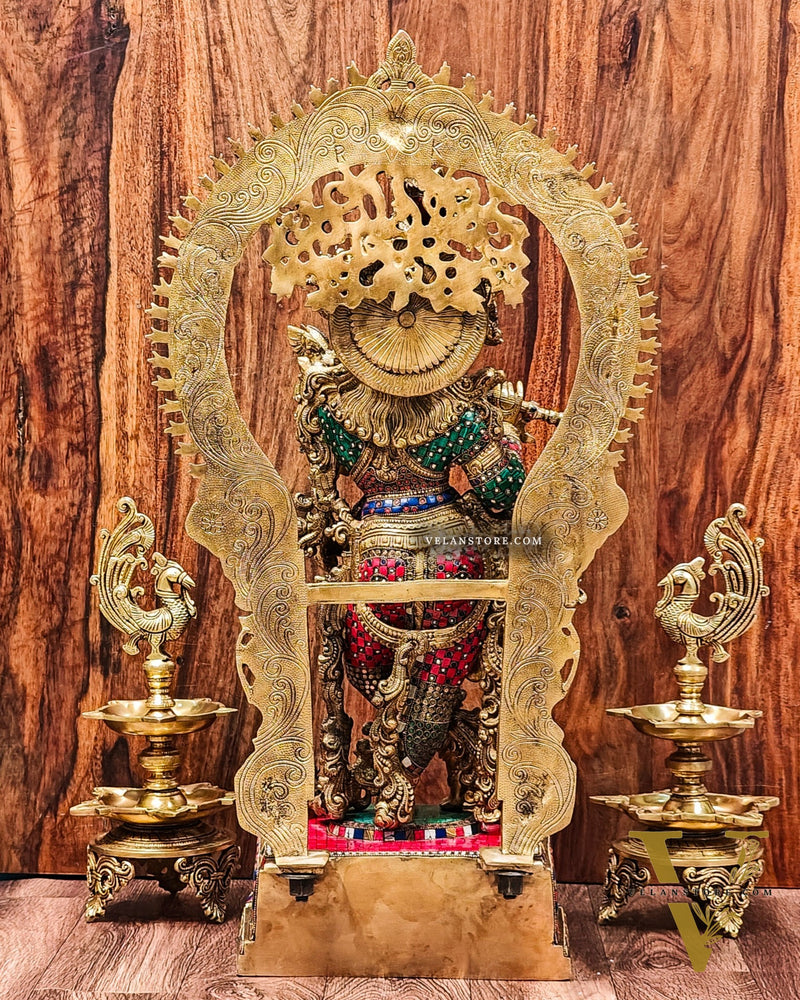Divine Superfine Brass Krishna Statue 32 inch with stonework