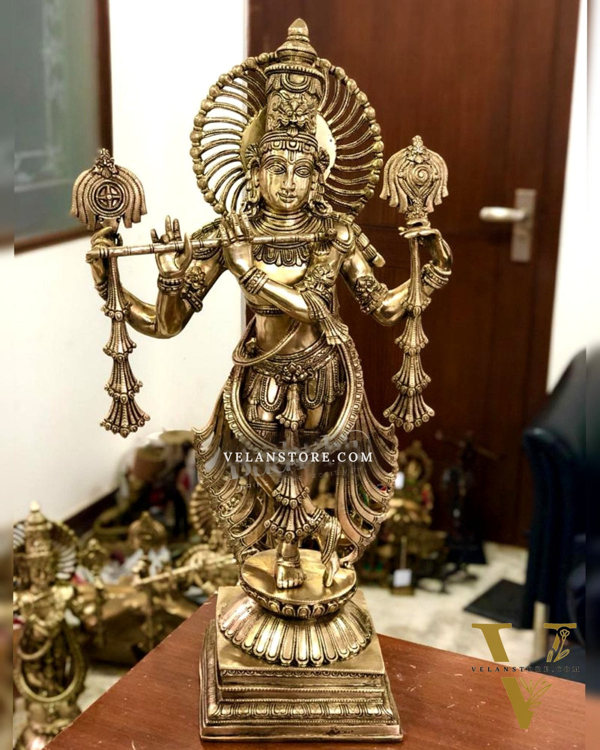 Divine Superfine Brass Krishna Statue | 4-Armed with Flute | 31 Inch