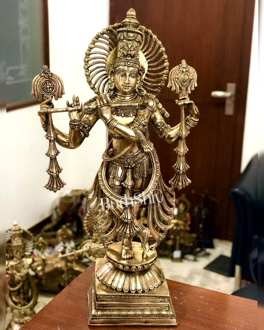 Divine Superfine Brass Krishna Statue | 4-Armed with Flute | 31 Inch