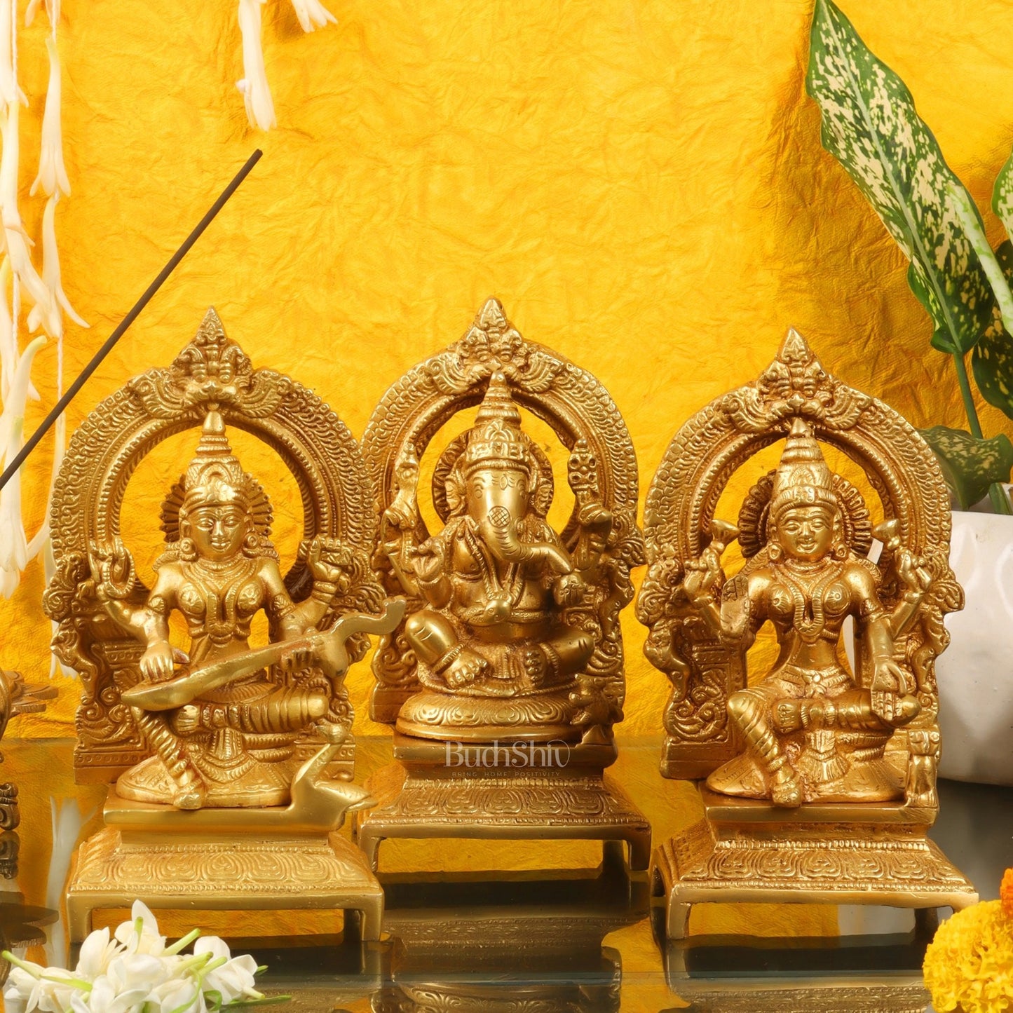 Ganesha, Lakshmi, Saraswati - Brass Idols 7 inches