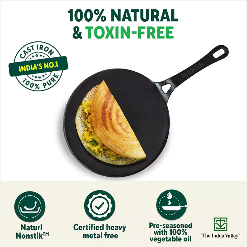 CASTrong Cast Iron Concave Tawa, Pre-seasoned, Nonstick, 100% Pure, Toxin-free, Free ₹110 Spatula, 25.4cm, 1.9kg