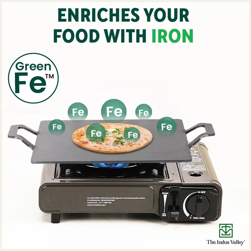 100% Pure Iron Square Tawa with Double Handles, Toxin-free Sheet Iron, Pre-Seasoned, Induction & Gas, 30.5cm