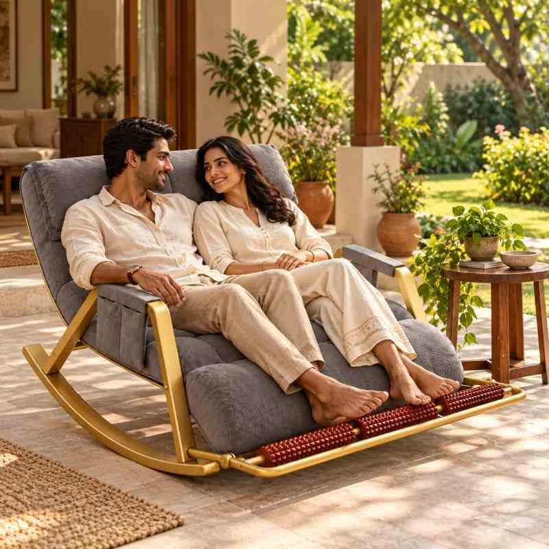 Double Seater Outdoor Rocking Chair with Wooden Foot Massager, 2 Person Lazy Rocking Chair for Garden, Balcony & Patio Couple Seating