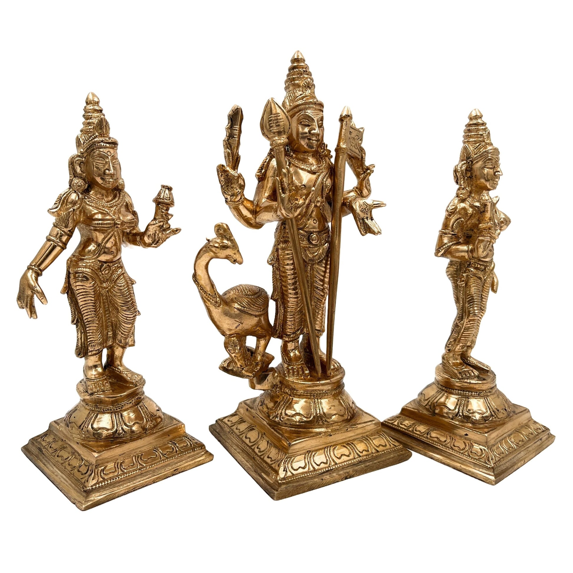 Handcrafted Panchaloha Murugan with Valli and Devasena Idol | Bronze Subramanya Skanda Kumara Swamy Shanmukha Statue | South Indian Chola Art Sculpture          Ask ChatGPT,Gold, 7.5 Inch, 1 Piece