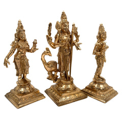 Handcrafted Panchaloha Murugan with Valli and Devasena Idol | Bronze Subramanya Skanda Kumara Swamy Shanmukha Statue | South Indian Chola Art Sculpture          Ask ChatGPT,Gold, 7.5 Inch, 1 Piece
