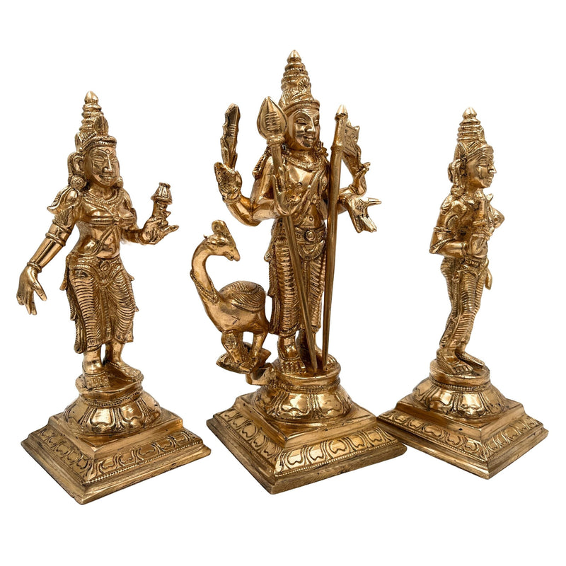 Handcrafted Panchaloha Murugan with Valli and Devasena Idol | Bronze Subramanya Skanda Kumara Swamy Shanmukha Statue | South Indian Chola Art Sculpture          Ask ChatGPT,Gold, 7.5 Inch, 1 Piece