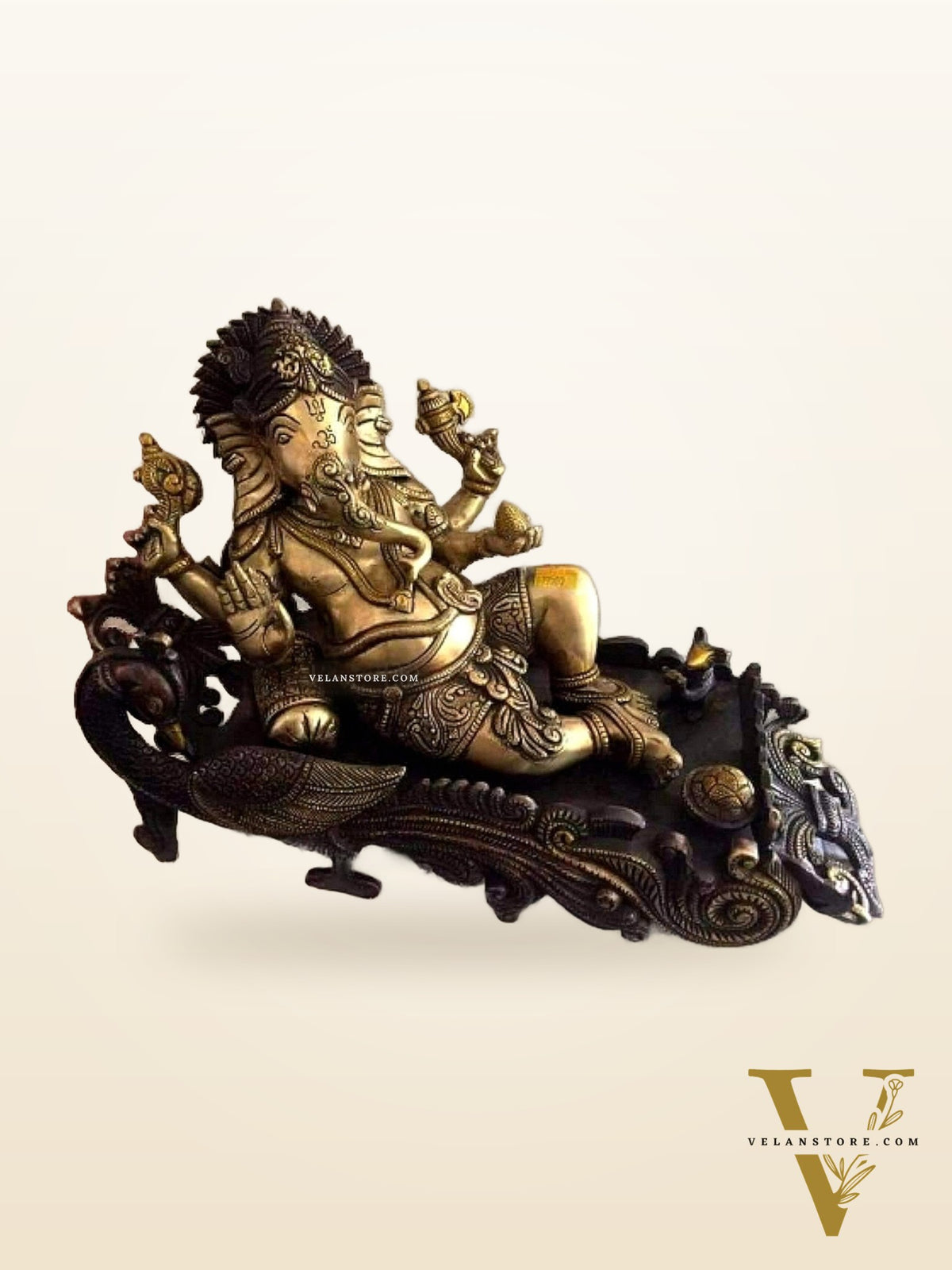 Dual tone 15 Inch Brass Ganapathi Idol on Peacock Throne - Handcrafted Masterpiece