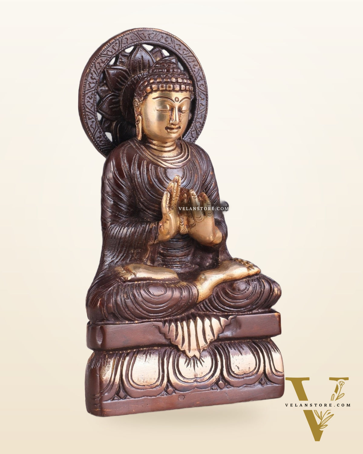 Dual Tone Brass Buddha Idol in Dharmachakra Mudra 8"