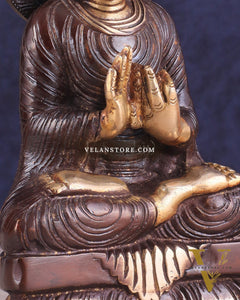 Dual Tone Brass Buddha Idol in Dharmachakra Mudra 8"