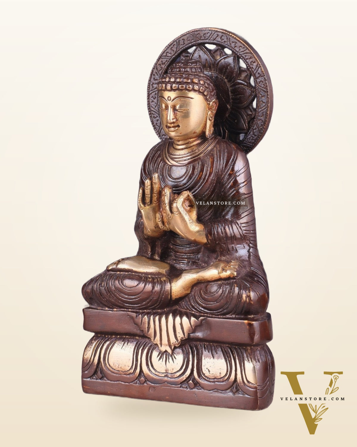 Dual Tone Brass Buddha Idol in Dharmachakra Mudra 8"