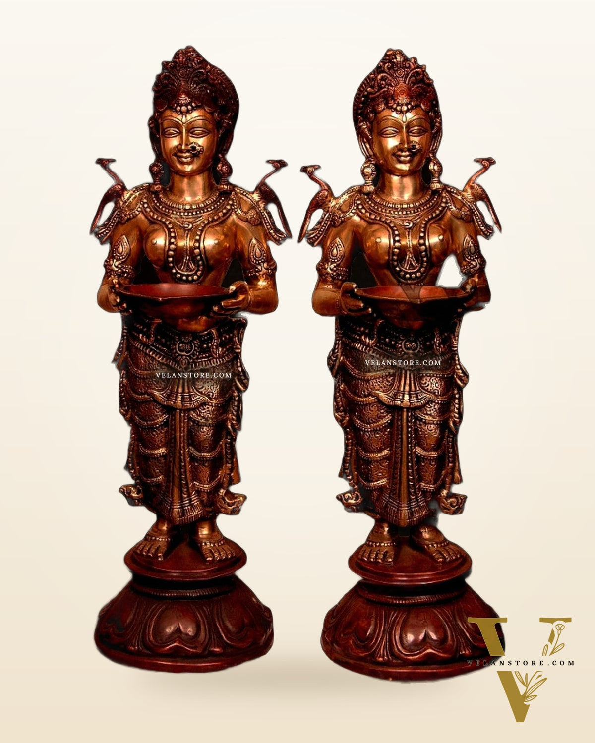 Dual-Tone Handcrafted Pavaai Villaku Deep Lady Statues - 30.5 Inch Fine Brass (Pair)