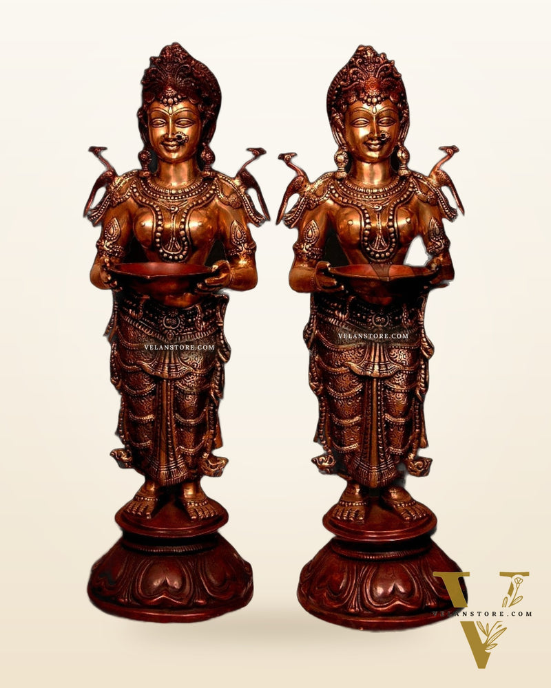 Dual-Tone Handcrafted Pavaai Villaku Deep Lady Statues - 30.5 Inch Fine Brass (Pair)