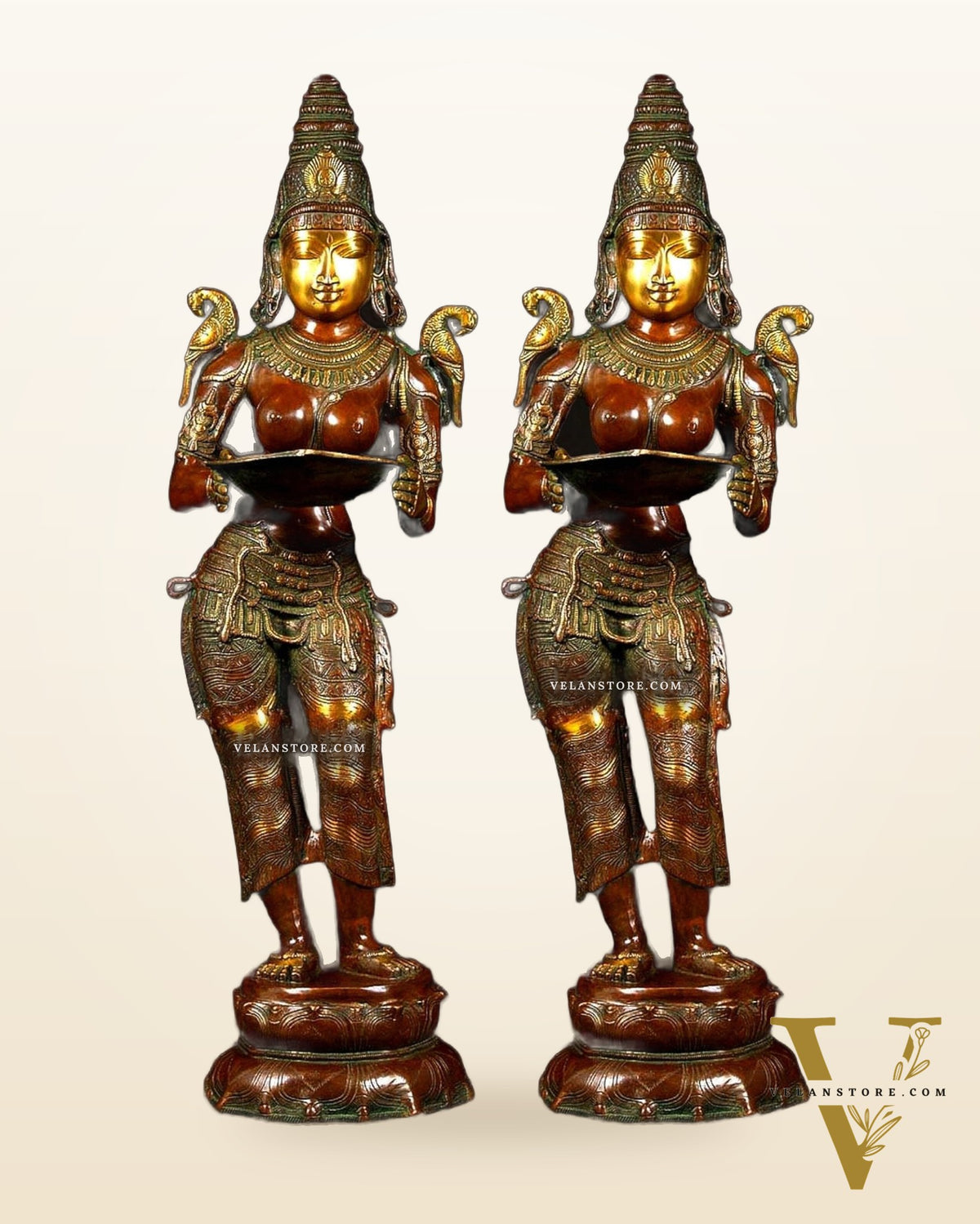 Dual-Tone Handcrafted Pavaai Villaku Deep Lady Statues - 45 Inch Fine Brass (Pair)