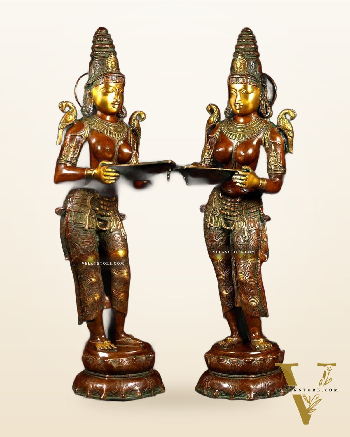 Dual-Tone Handcrafted Pavaai Villaku Deep Lady Statues - 45 Inch Fine Brass (Pair)