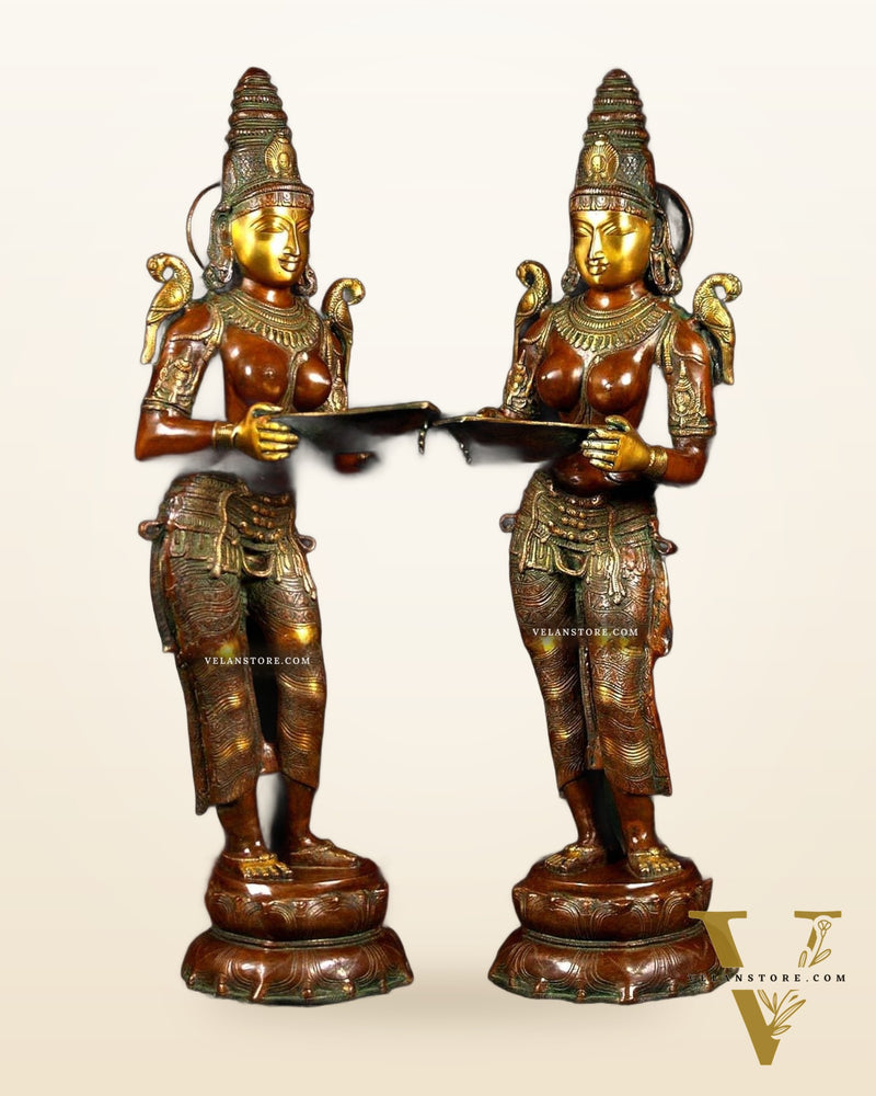 Dual-Tone Handcrafted Pavaai Villaku Deep Lady Statues - 45 Inch Fine Brass (Pair)