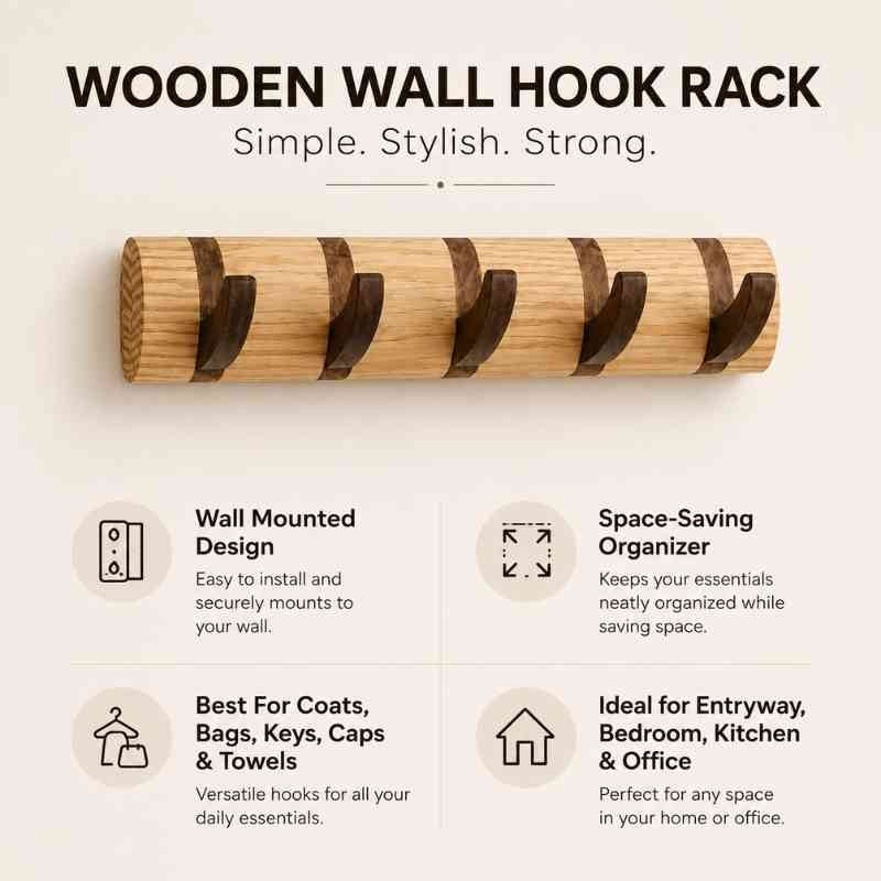 CurveCraft Natural Solid Wood Wall Mounted Hook Rail for Coats & Bags