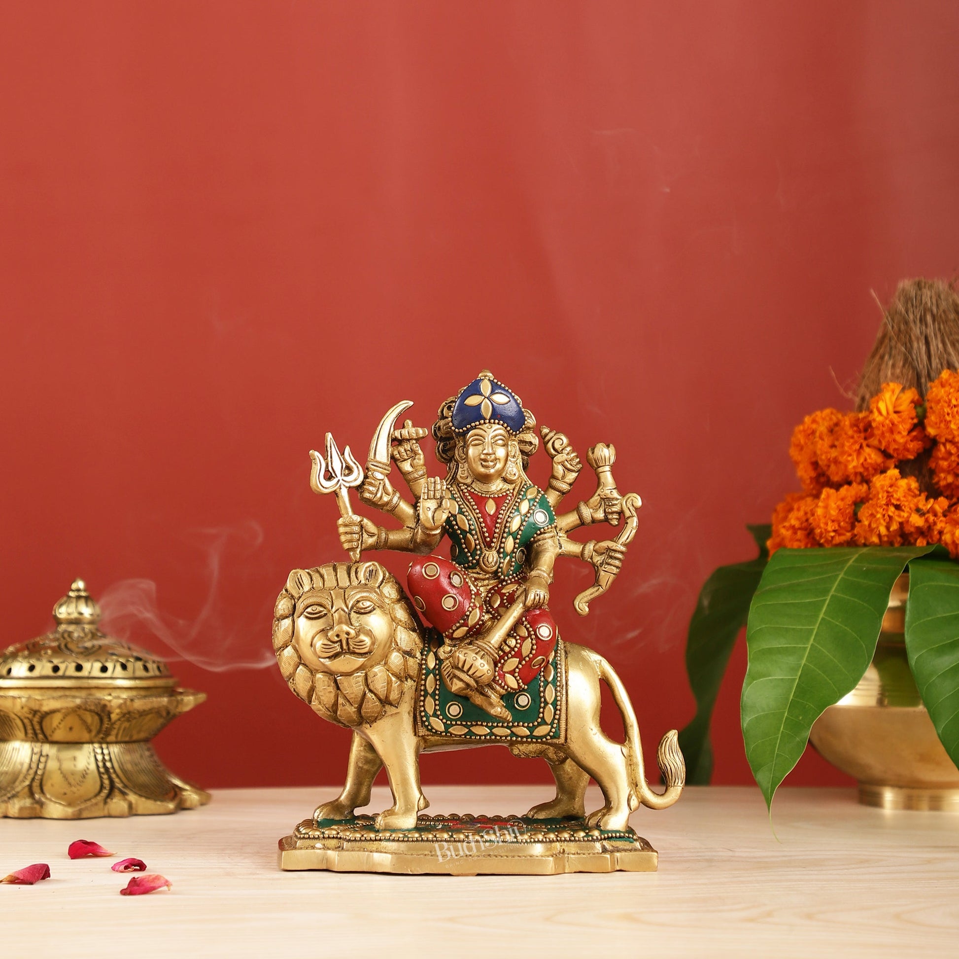 Durga Superfine Brass Murti 7.5 " with stonework