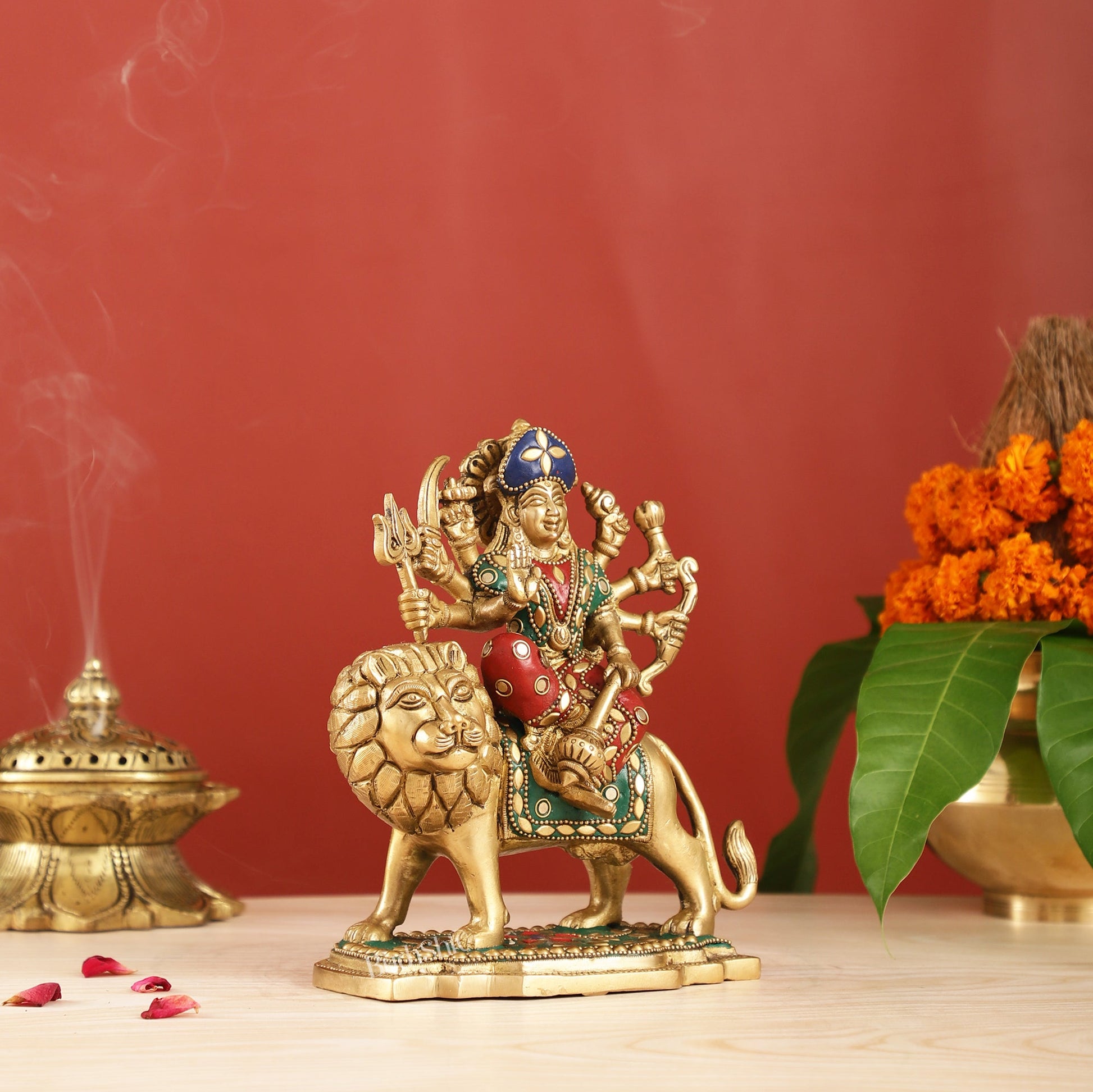 Durga Superfine Brass Murti 7.5 " with stonework