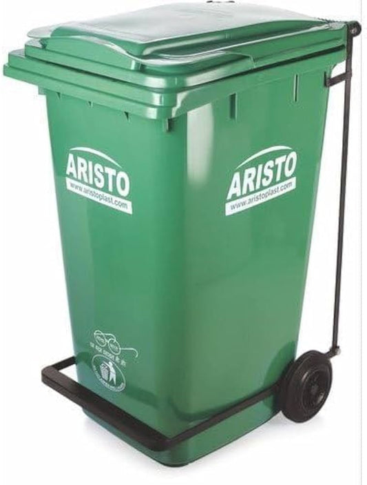 ARISTO Plastic Dustbin With Wheels and Metal Pedal 90 LTR (Green)