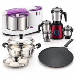 Wet Grinder + Mixer Power Pair Combo | Elgi Ultra Grind+ Gold 2 L Wet Grinder + Atomberg Zenova BLDC Mixer Grinder (Red Wine) + Praylady Idli Kadai + Prestige Dosa Tawa 30 cm-1