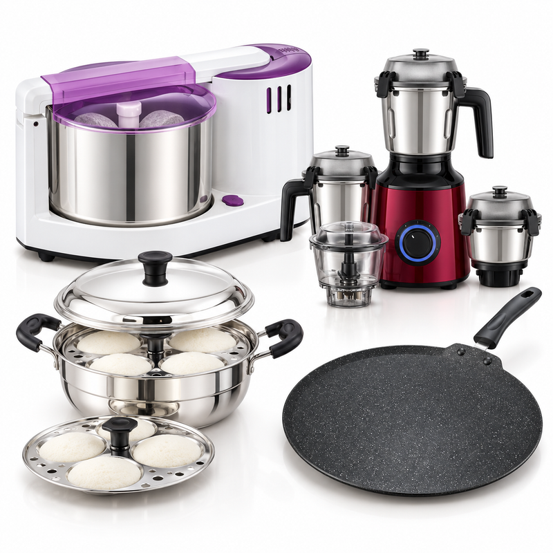 Wet Grinder + Mixer Power Pair Combo | Elgi Ultra Grind+ Gold 2 L Wet Grinder + Atomberg Zenova BLDC Mixer Grinder (Red Wine) + Praylady Idli Kadai + Prestige Dosa Tawa 30 cm-1